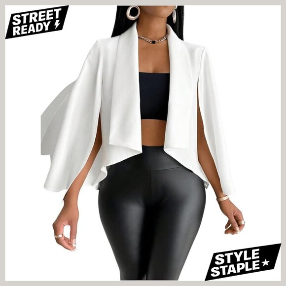 Cape Sleeve Cropped Blazer Jacket Open Front Slim Fit Polyester
